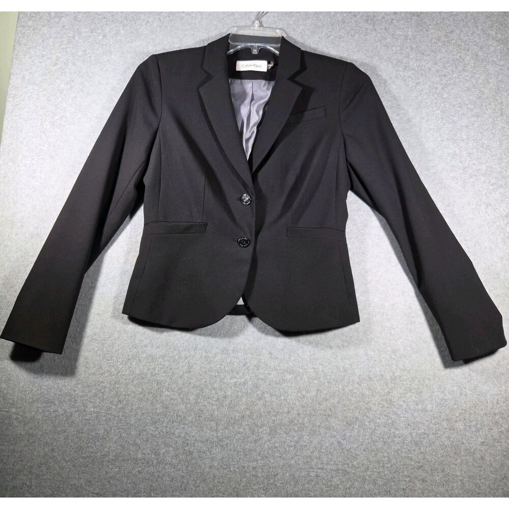 Calvin Klein Women's Sz 4 Black Career Blazer One Button Tailored Stretch Jacket